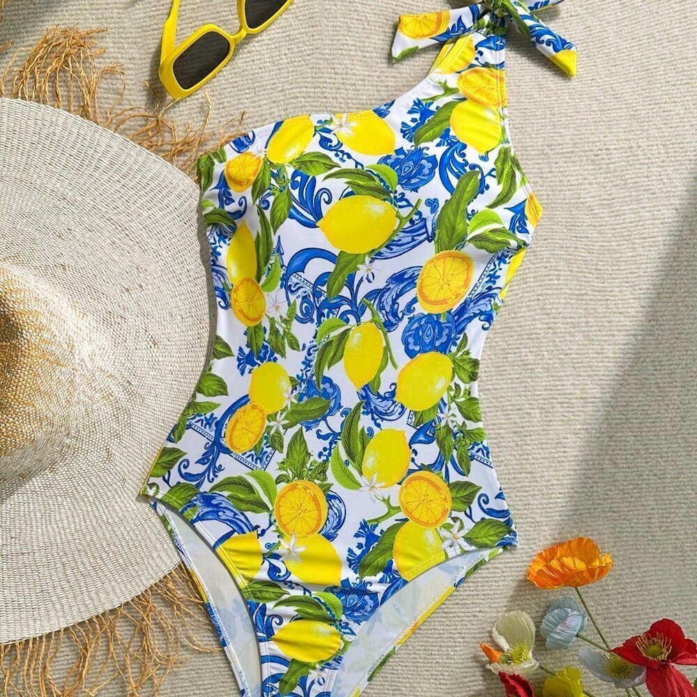 Multicolor Casual Women's Asymmetrical Lemon Graphic Swimsuit